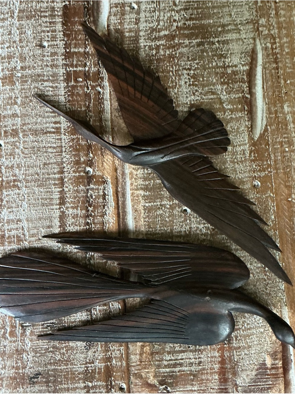 Set of Two Carved Wooden Birds In Flight Decor Pieces - Dark Brown/Black Finish - Picture 2 of 4